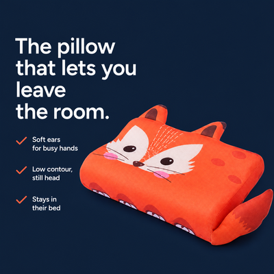The pillow that lets you leave the room. Soft ears, low contour, stays in their bed.