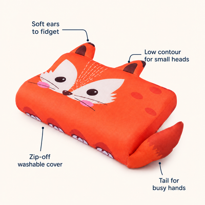 RYVA pillow features: soft ears to fidget, low contour for small heads, zip-off washable cover, tail for busy hands