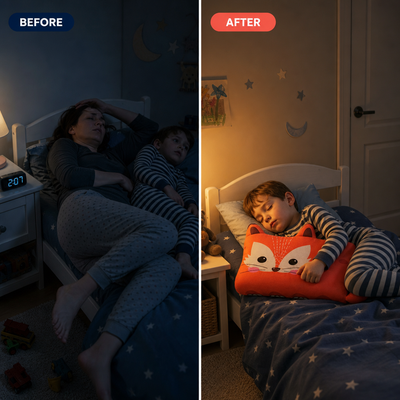 Before: parent squeezed into child's bed at 2 am. After: child asleep alone with RYVA pillow.