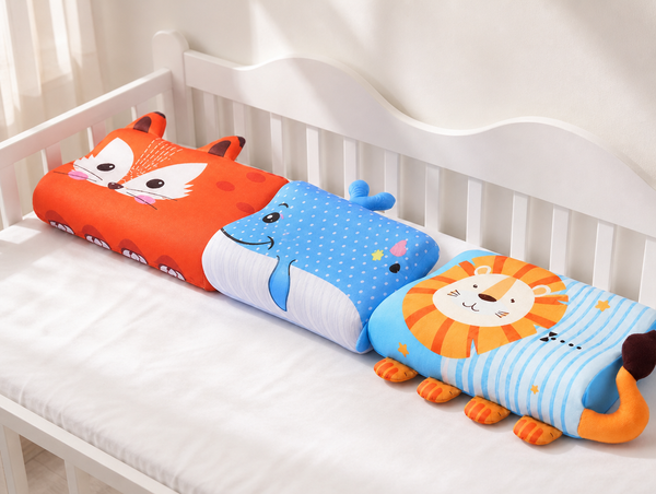 RYVA fox, whale and lion pillows lined up on a child's bed