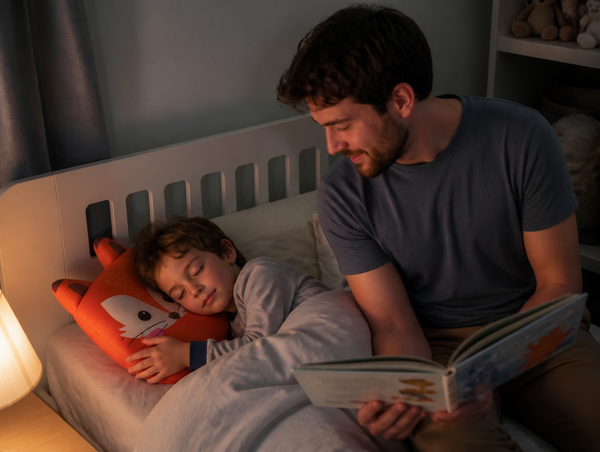Dad reading bedtime story, child settled on RYVA fox pillow