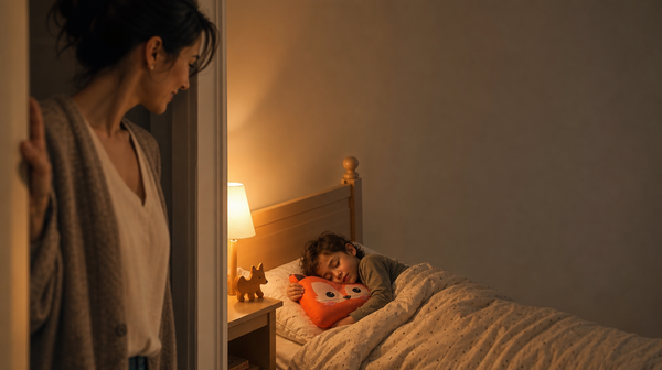 RYVA hero: child asleep with fox pillow, parent leaving the room