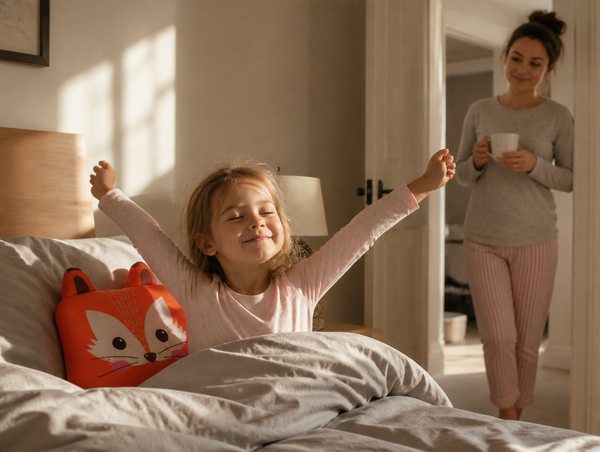 Rested child waking in the morning with RYVA pillow, parent with coffee