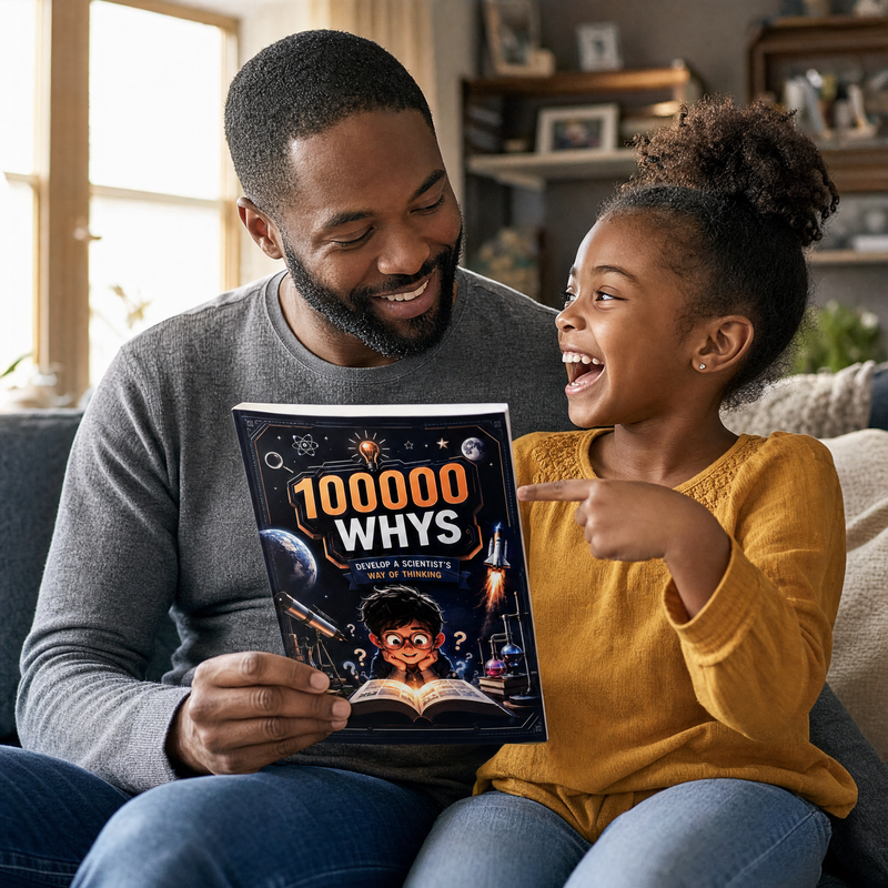 Father and daughter with the 10,000 Whys book