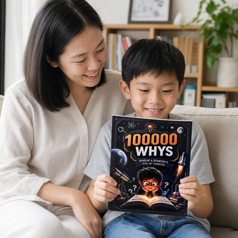 Mother and son with the 10,000 Whys book