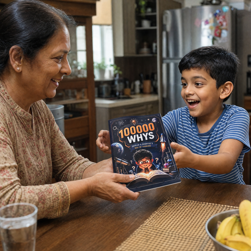 Grandmother handing the 10,000 Whys book to her grandson