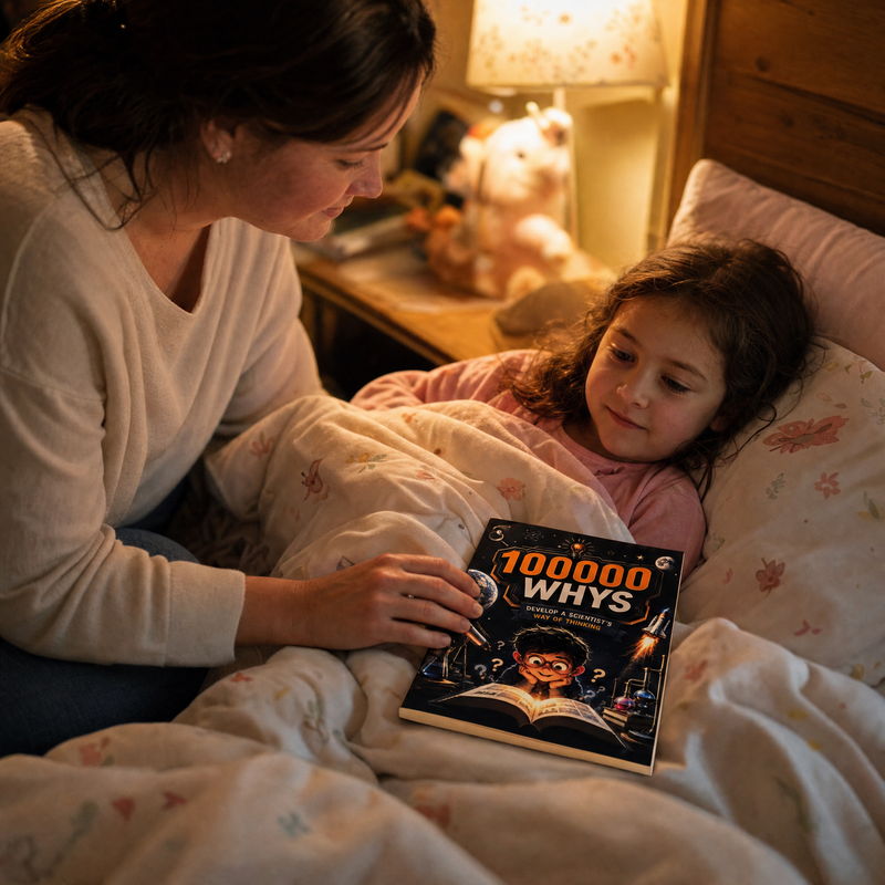 Mother and daughter at bedtime with the 10,000 Whys book