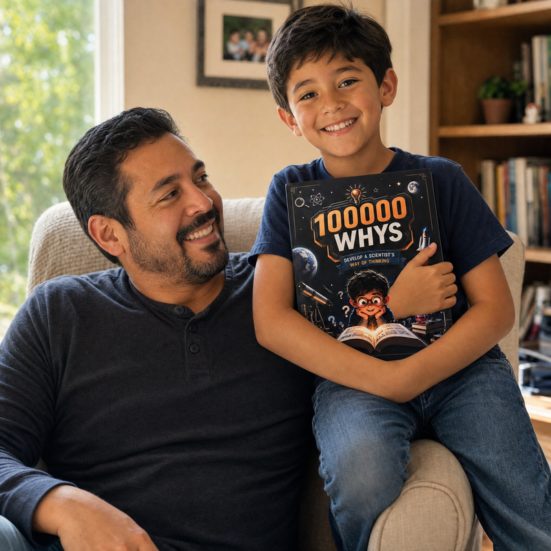 Father and son with the 10,000 Whys book