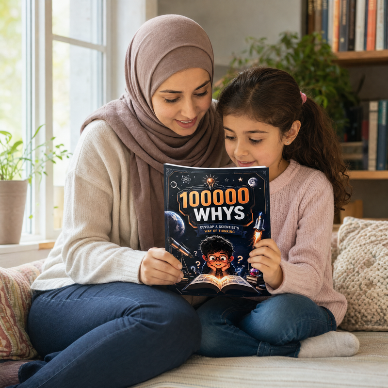 Mother and daughter reading the 10,000 Whys book by a window